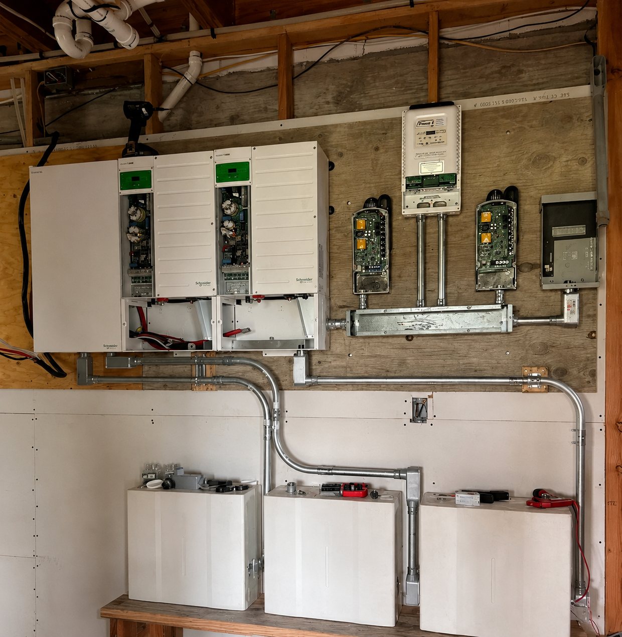 Complete off-grid solar power system with inverters, batteries, charge controllers, conduit, and distribution equipment
