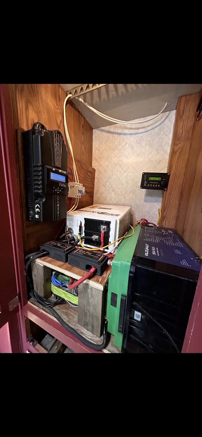 Marine and off-grid power equipment with batteries, inverter, bus bars, and charge controller